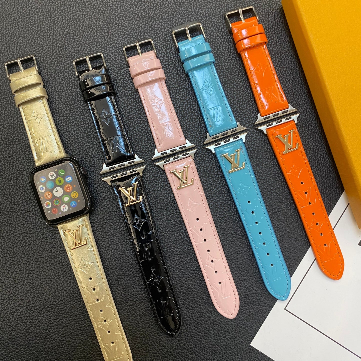 GLOSSY LEATHER APPLE WATCH STRAP LUXURY METAL LOGOs-1 mysite