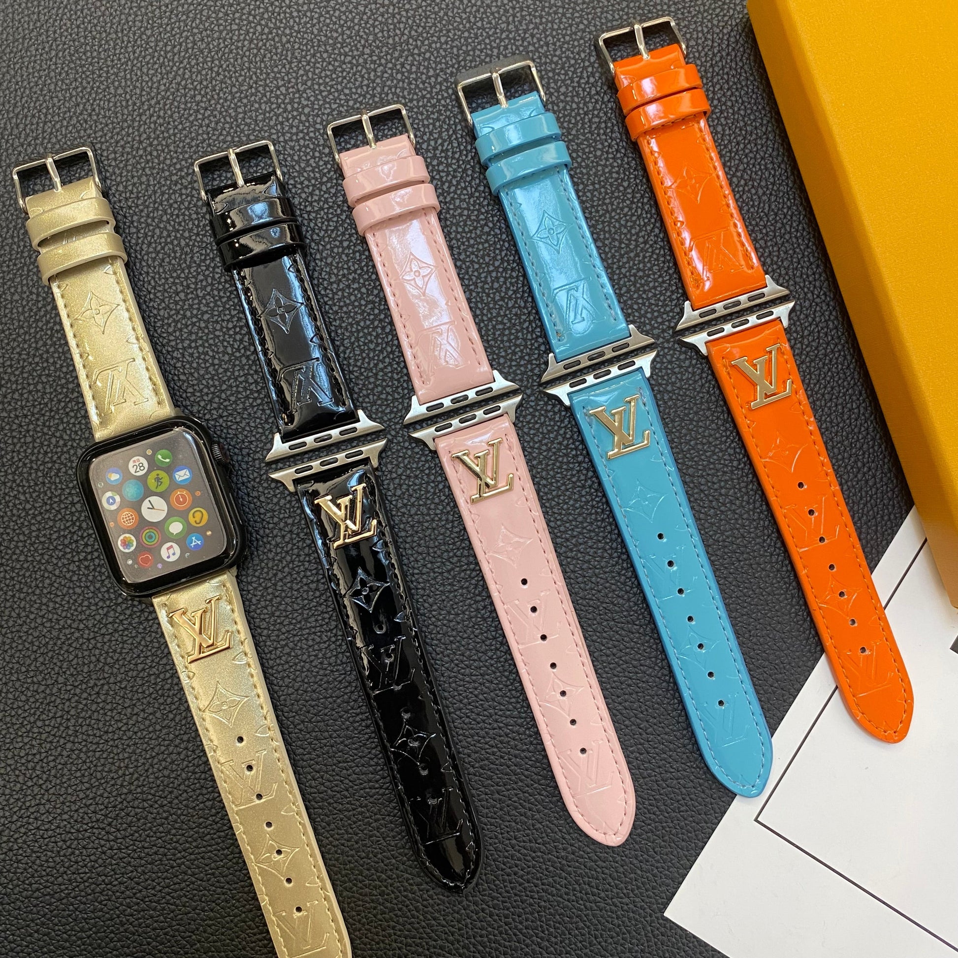 GLOSSY LEATHER APPLE WATCH STRAP LUXURY METAL LOGOs-1 mysite
