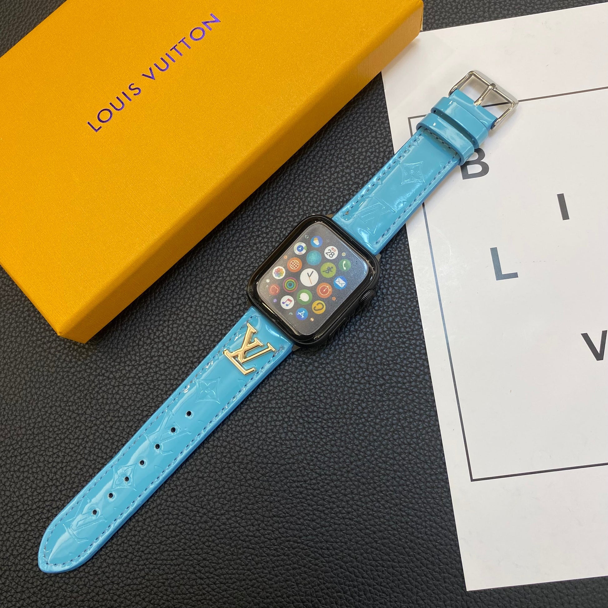 GLOSSY LEATHER APPLE WATCH STRAP LUXURY METAL LOGOs-1 mysite