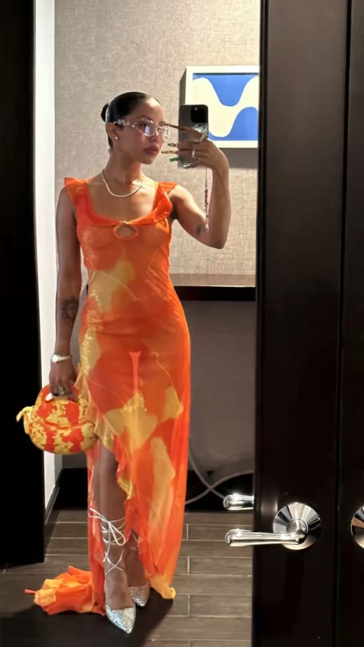 Orange Fashion Gradient Spaghetti Strap Long Ruffle Elegant Chiffon Ball Gown prom dress Evening Dress Holiday Party Dress gh3319s mysite