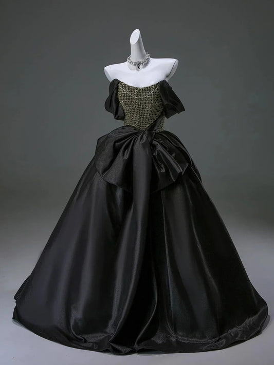 Luxurious Black Off the Shoulder Satin Long Ball Gown Prom Dress SH1863s mysite