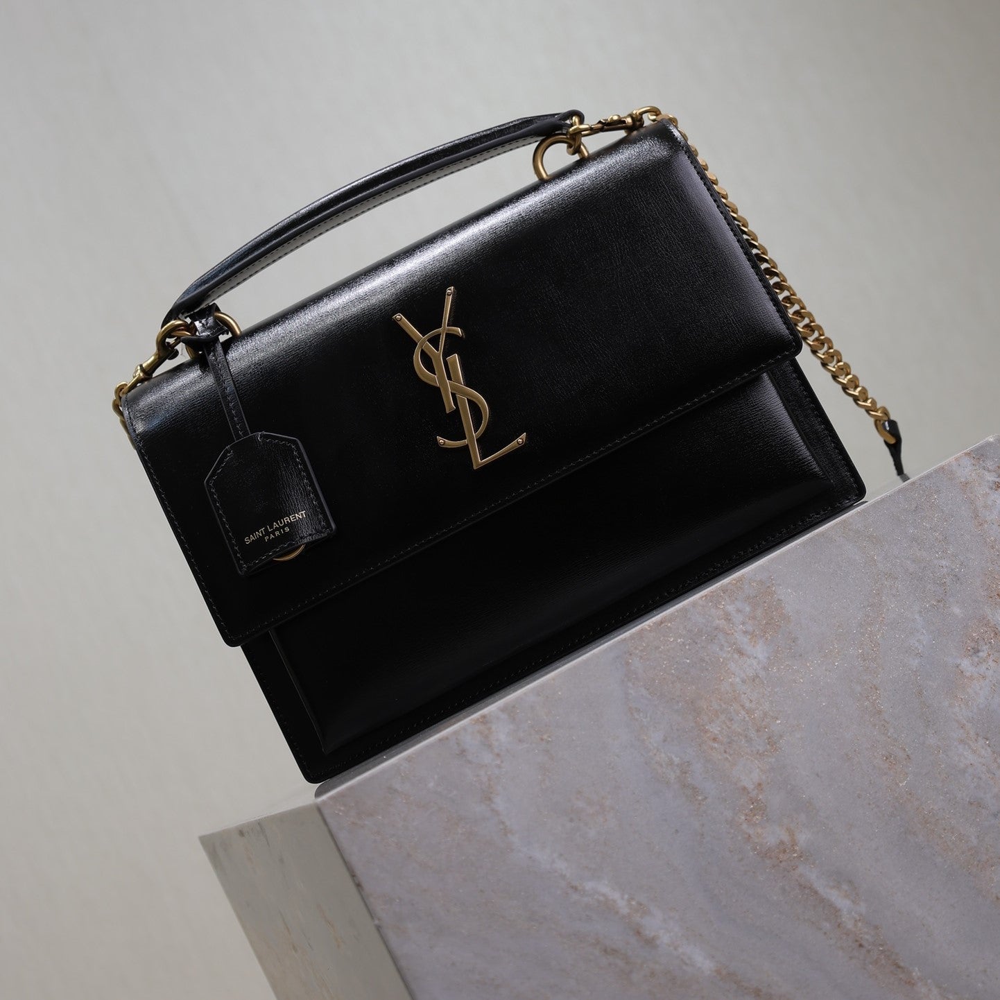 YSL Sunset Handbags 25cm Black Cowhide mysite