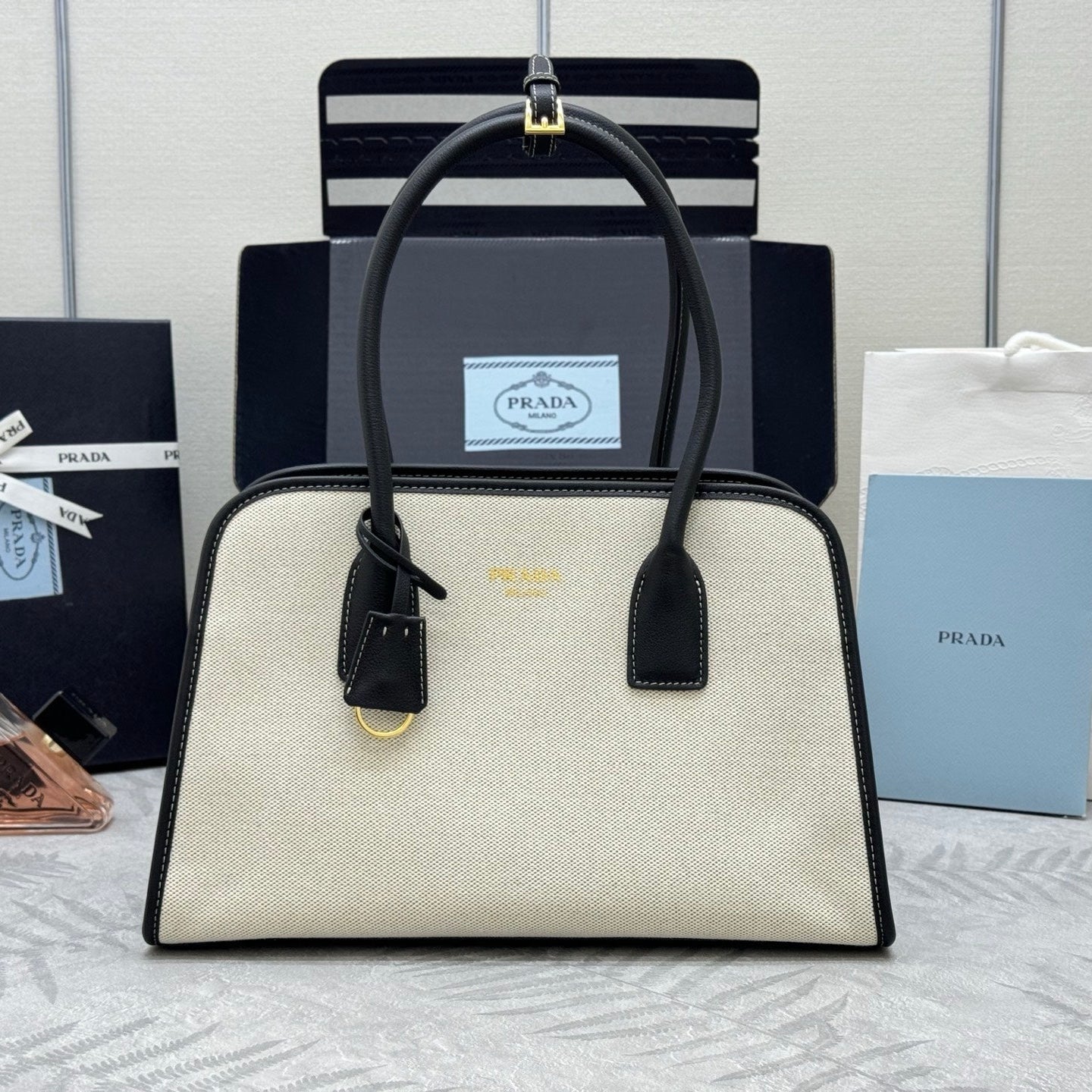 Prada Linen Medium Tote Bag Soft Grain Leather & Canvas mysite