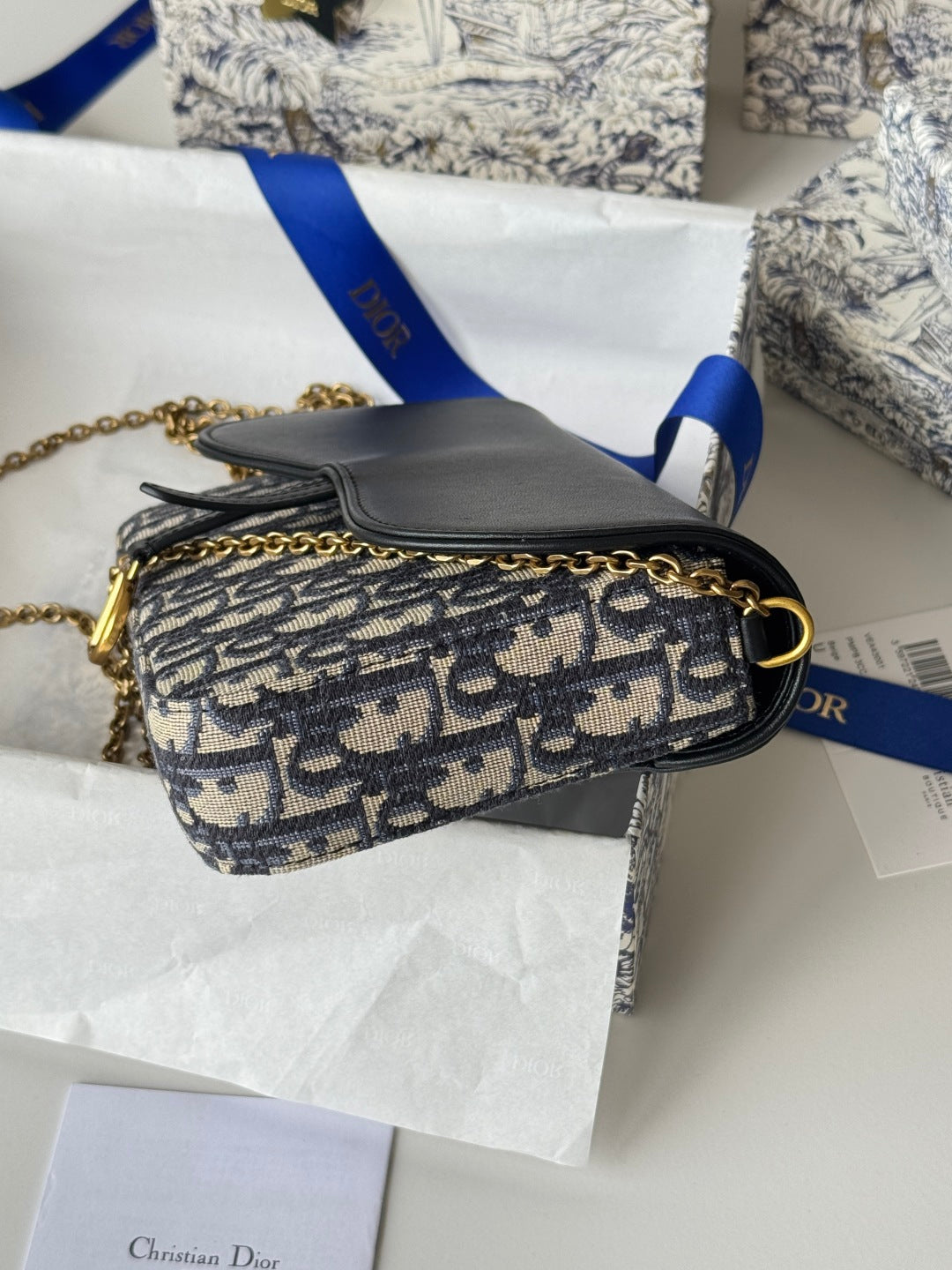 CD S5907CNKO Medium Saddle Pouch with Chain 21.5cm Blue Jacquard Cowhide GHW