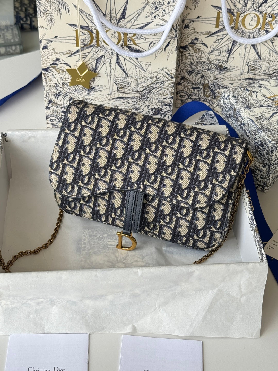 CD Medium Saddle Pouch with Chain 21.5cm Blue Jacquard Cowhide GHW mysite