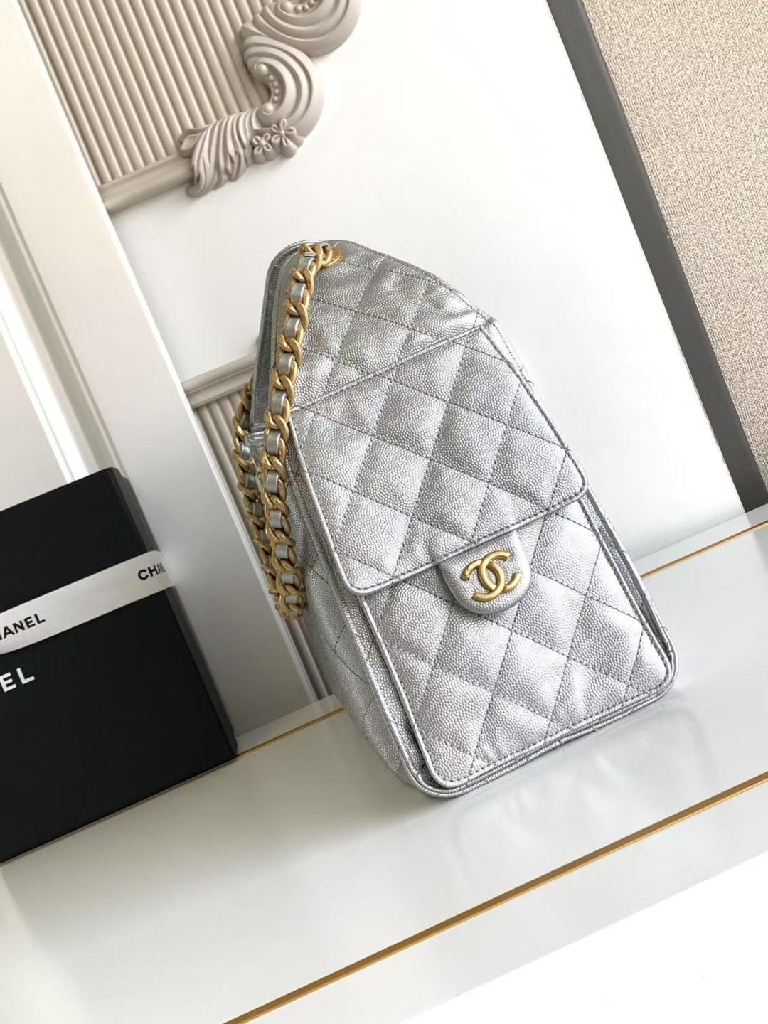 CC 25C Hobo Bag 30cm Silver Metalic Grained Calfskin mysite