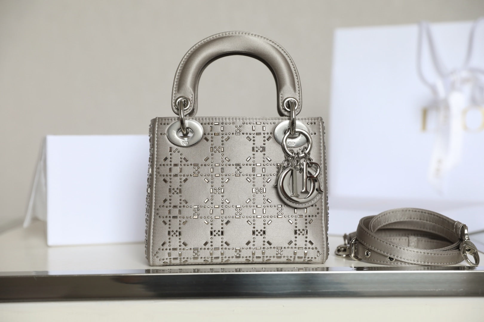 CD Lady Dior Mini Diamond Bag Gray Satin mysite