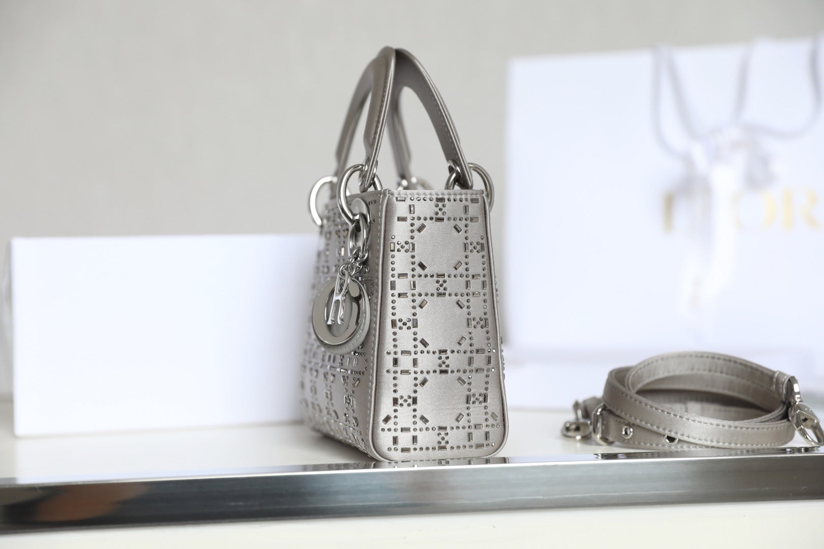 CD Lady Dior Mini Diamond Bag Gray Satin mysite