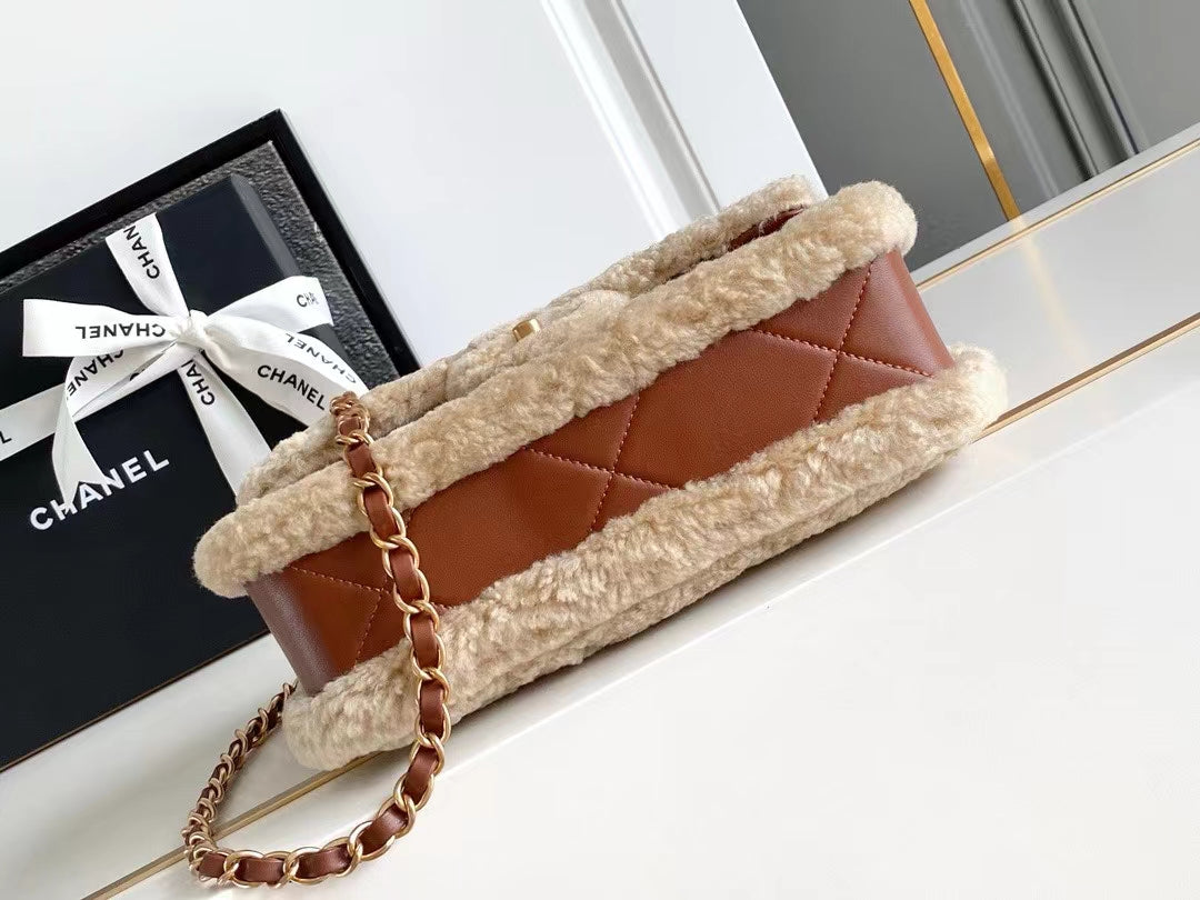MEDIUM FLAP BAG 23 IN BEIGE WOOL AND GINGER ORANGE CALFSKIN GOLD HARDWARE mysite