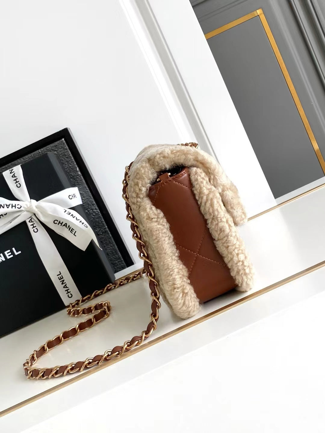 MEDIUM FLAP BAG 23 IN BEIGE WOOL AND GINGER ORANGE CALFSKIN GOLD HARDWARE mysite