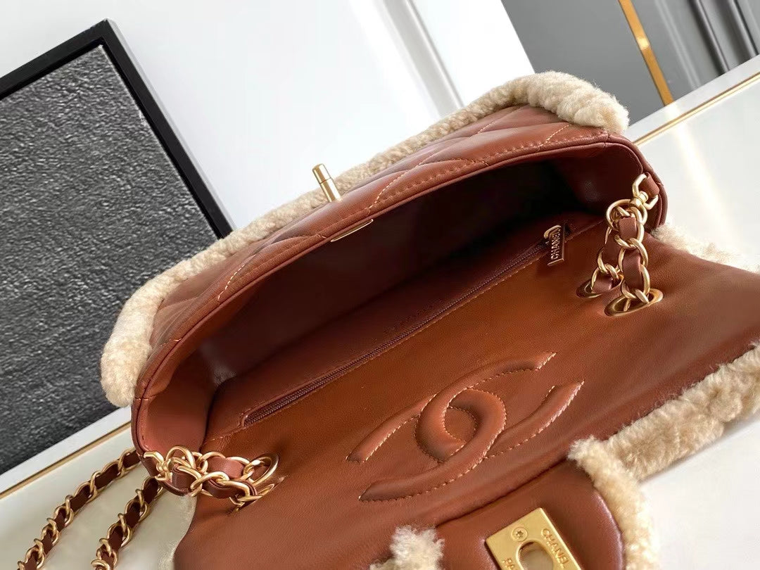 MEDIUM FLAP BAG 23 IN BEIGE WOOL AND GINGER ORANGE CALFSKIN GOLD HARDWARE mysite