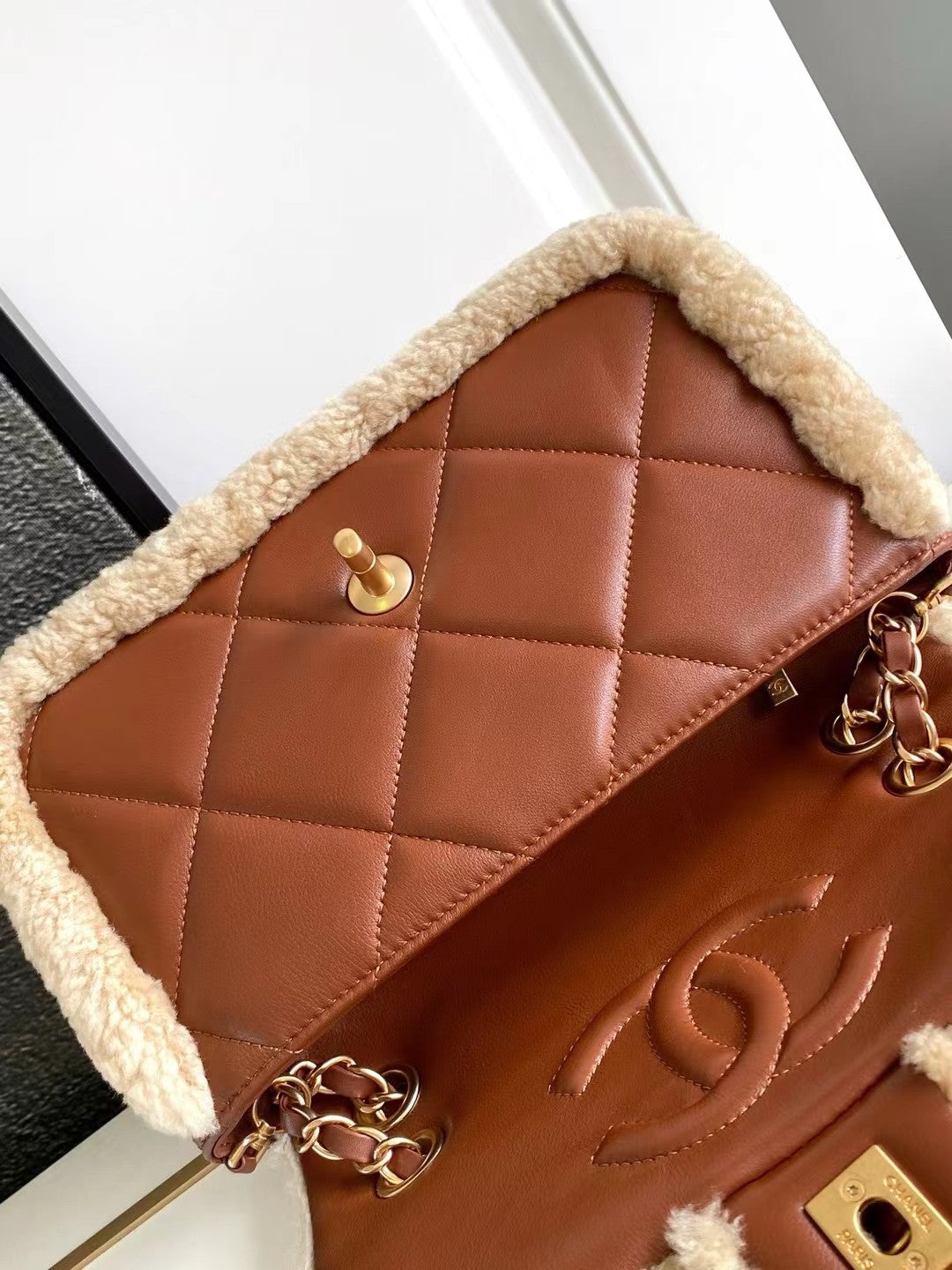 MEDIUM FLAP BAG 23 IN BEIGE WOOL AND GINGER ORANGE CALFSKIN GOLD HARDWARE mysite