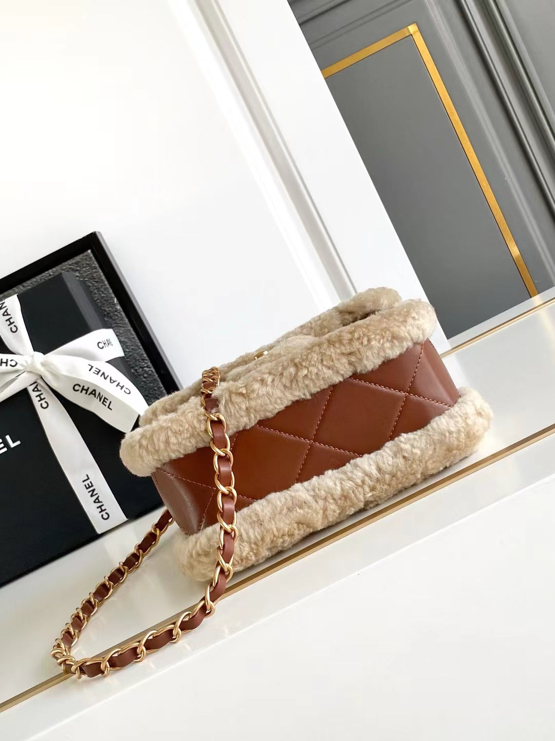 MINI FLAP BAG 18 IN BEIGE WOOL AND GINGER ORANGE CALFSKIN GOLD HARDWARE mysite