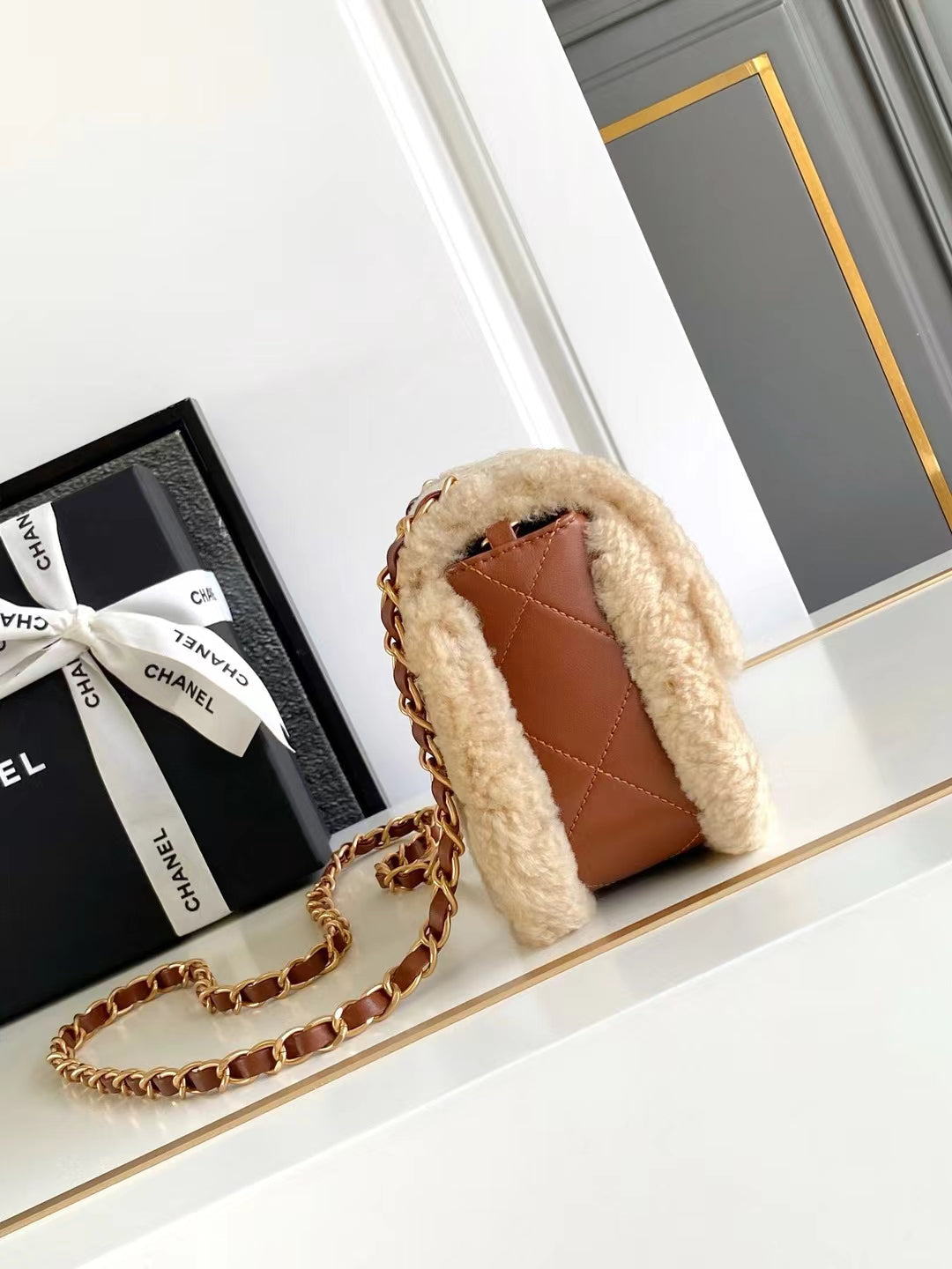MINI FLAP BAG 18 IN BEIGE WOOL AND GINGER ORANGE CALFSKIN GOLD HARDWARE mysite