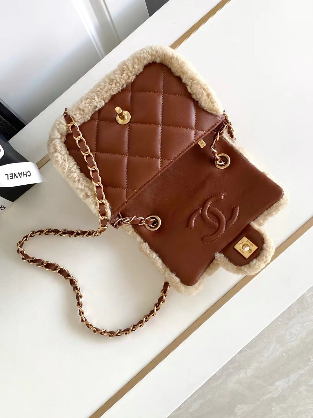 MINI FLAP BAG 18 IN BEIGE WOOL AND GINGER ORANGE CALFSKIN GOLD HARDWARE mysite