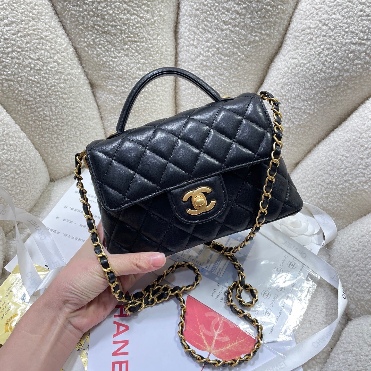 CC 25P Mini Flap Bag 20cm Top Handle Black Calfskin Gold Hardware mysite