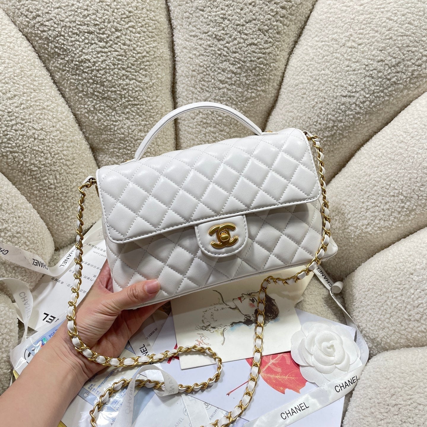 CC 25P Medium Flap Bag 25cm Top Handle Cream Calfskin Gold Hardware mysite