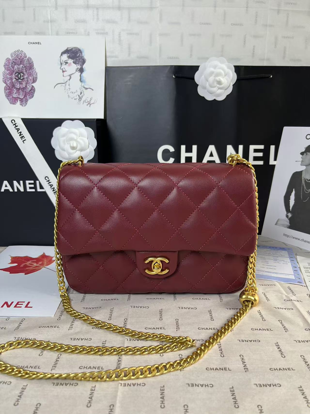 25C Mini Flap 24cm Burgundy Lambskin Gold Heart Hardware mysite