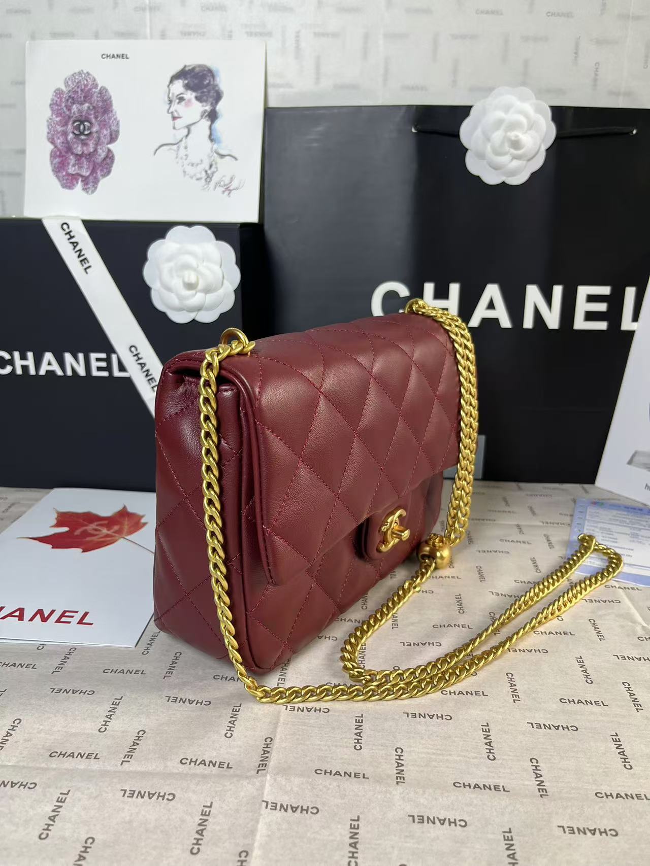 25C Mini Flap 24cm Burgundy Lambskin Gold Heart Hardware mysite