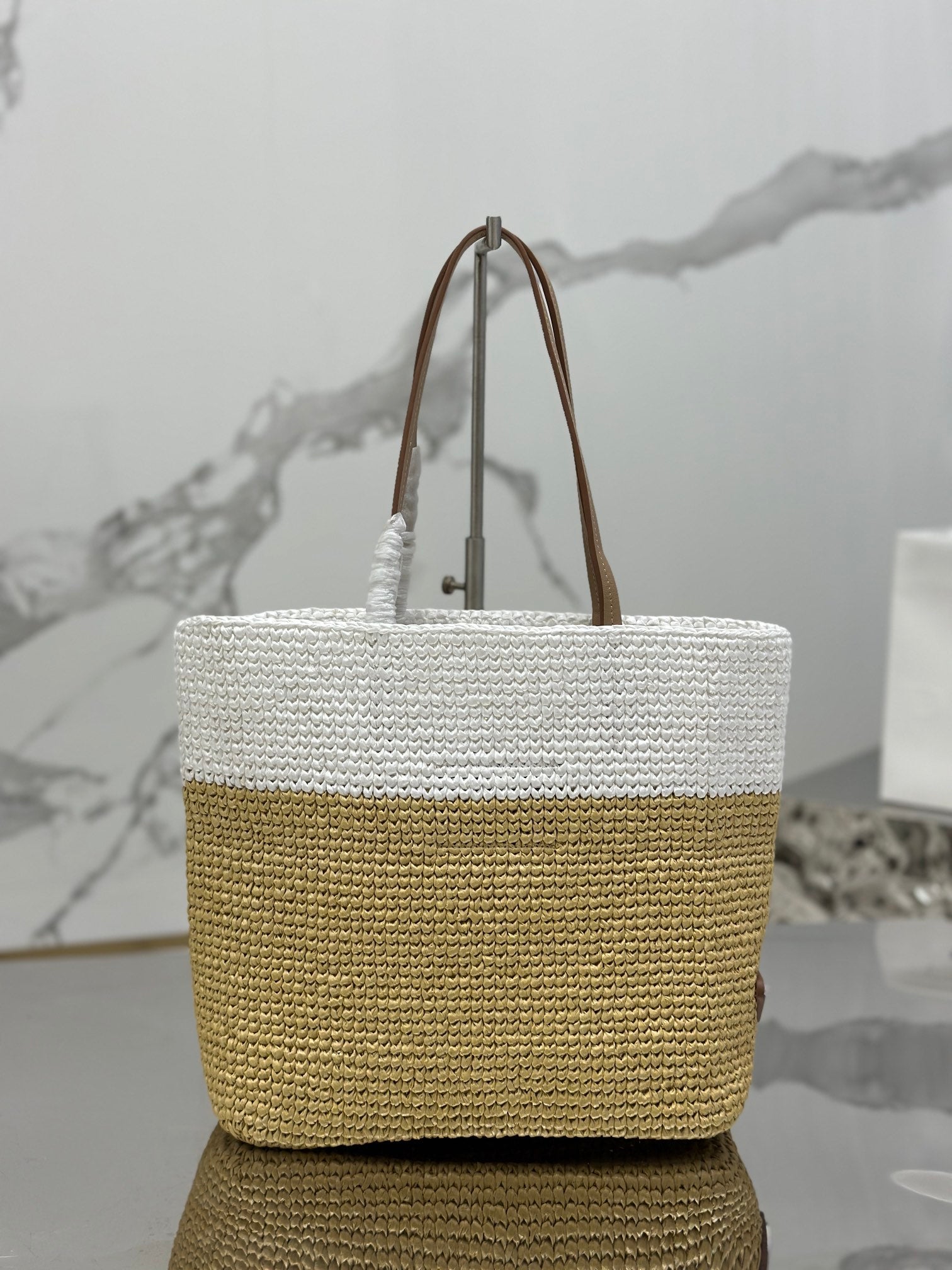 SMALL TOTE BAG 27 IN WHITE MIX BEIGE RAFFIA AND BROWN CALFSKIN HANDLE mysite