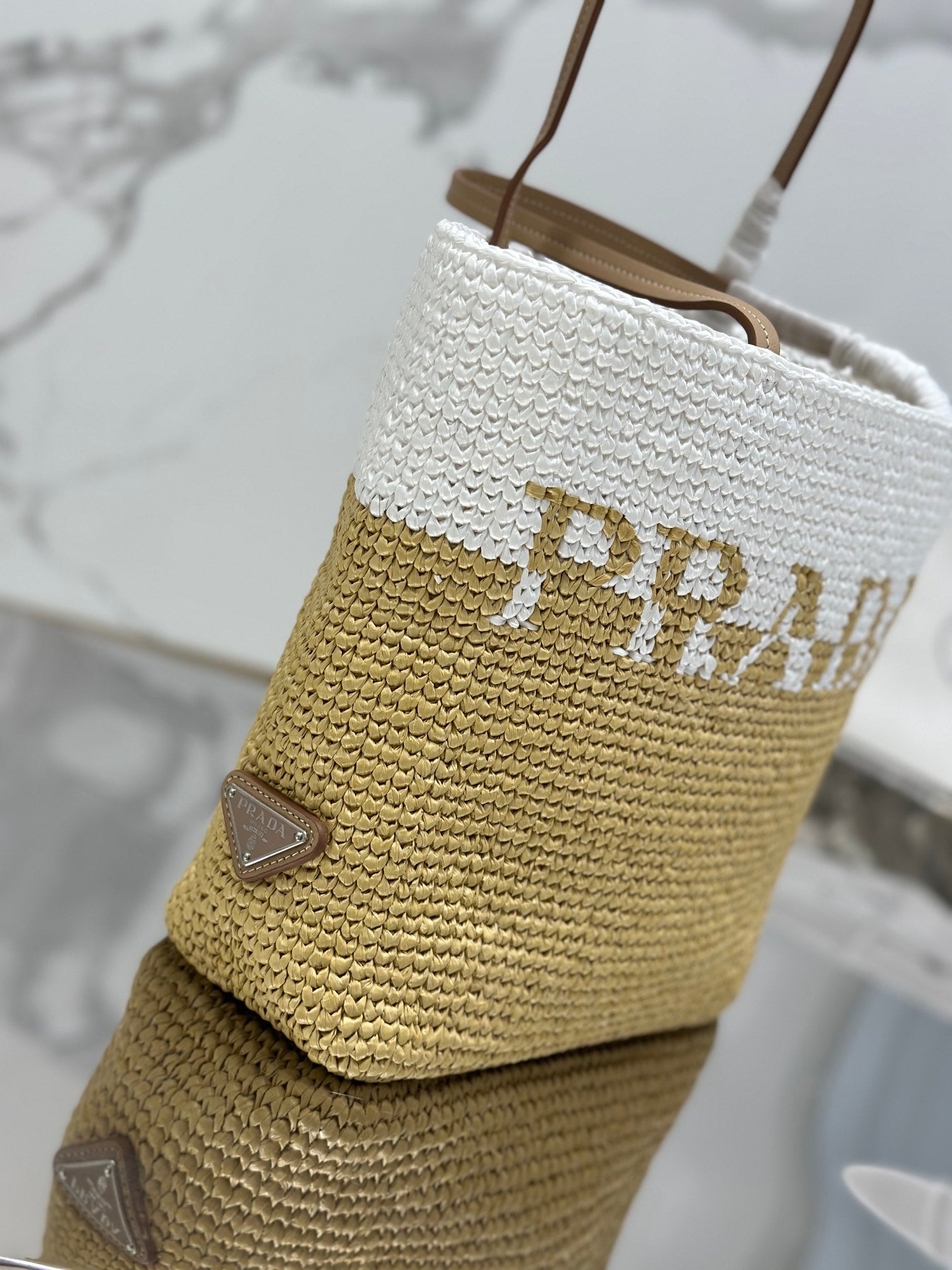 SMALL TOTE BAG 27 IN WHITE MIX BEIGE RAFFIA AND BROWN CALFSKIN HANDLE mysite