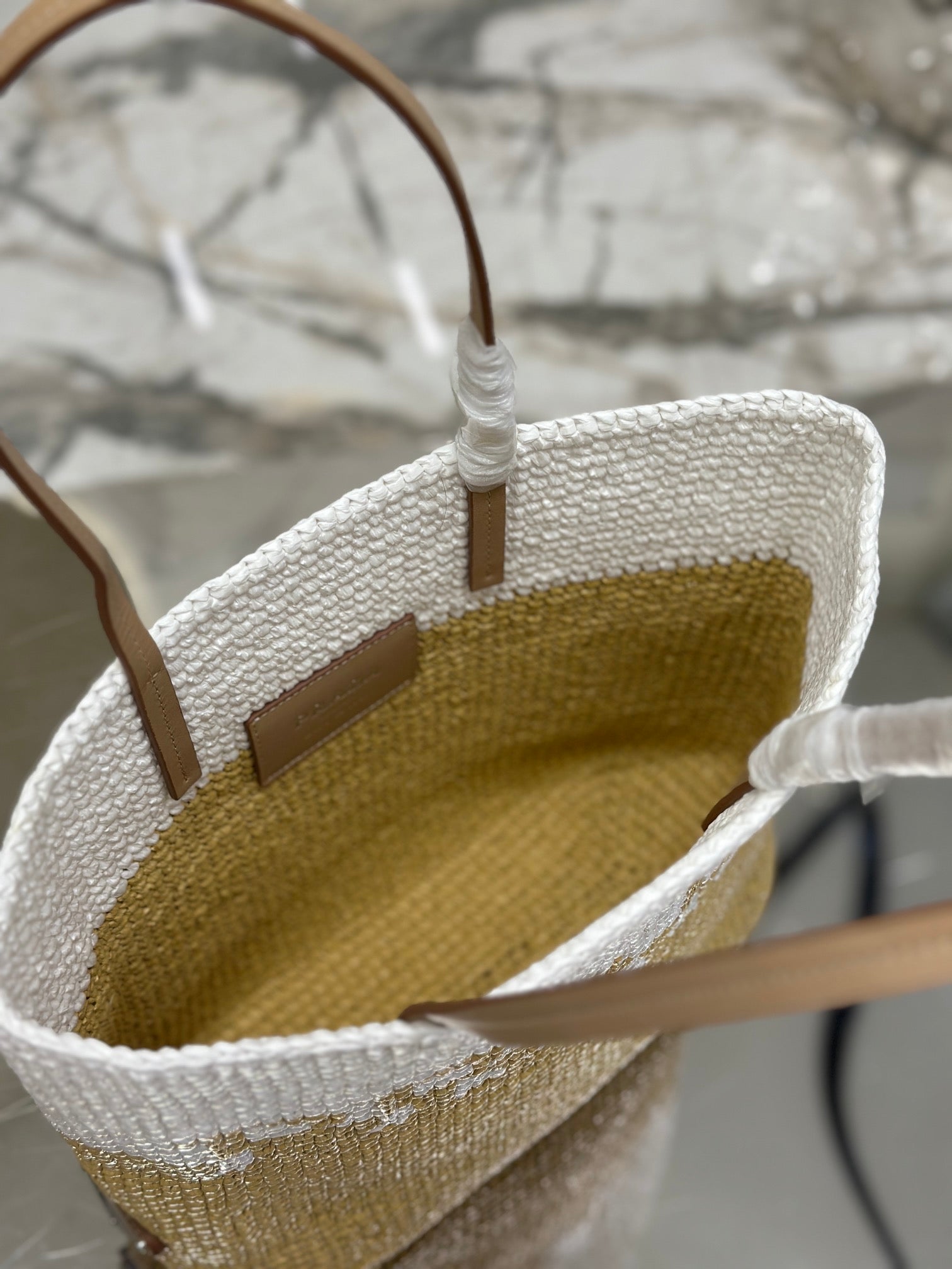 SMALL TOTE BAG 27 IN WHITE MIX BEIGE RAFFIA AND BROWN CALFSKIN HANDLE mysite