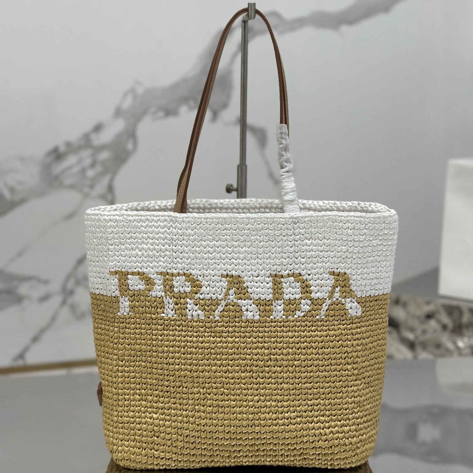 SMALL TOTE BAG 27 IN WHITE MIX BEIGE RAFFIA AND BROWN CALFSKIN HANDLE mysite