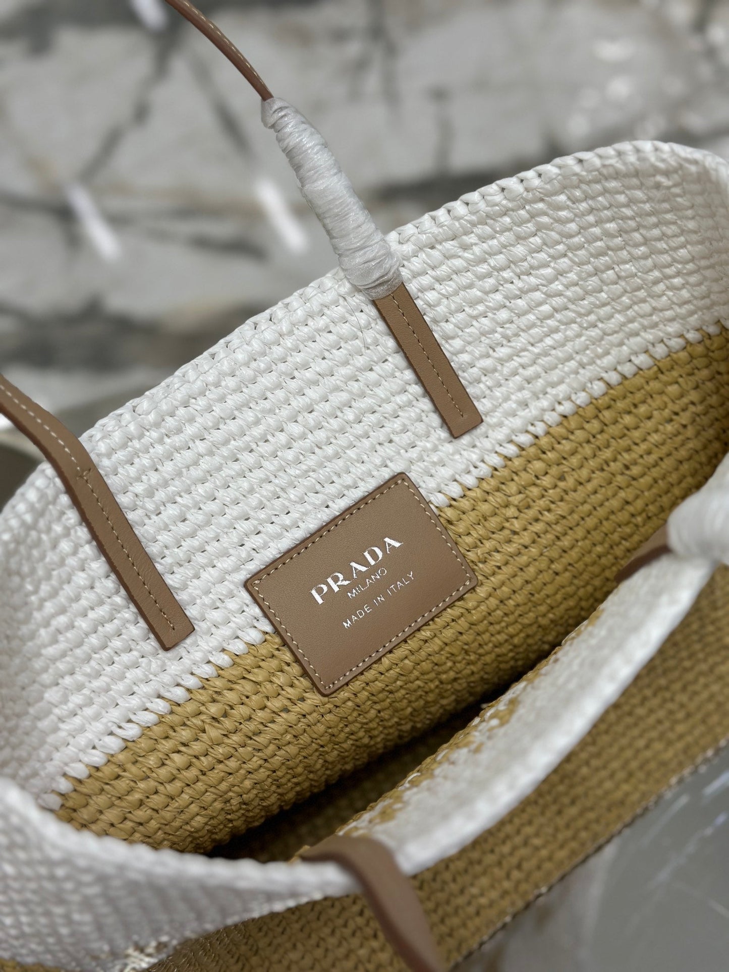 SMALL TOTE BAG 27 IN WHITE MIX BEIGE RAFFIA AND BROWN CALFSKIN HANDLE mysite