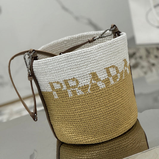 BUCKET BAG 25 IN WHITE MIX BEIGE RAFFIA AND BROWN CALFSKIN HANDLE mysite
