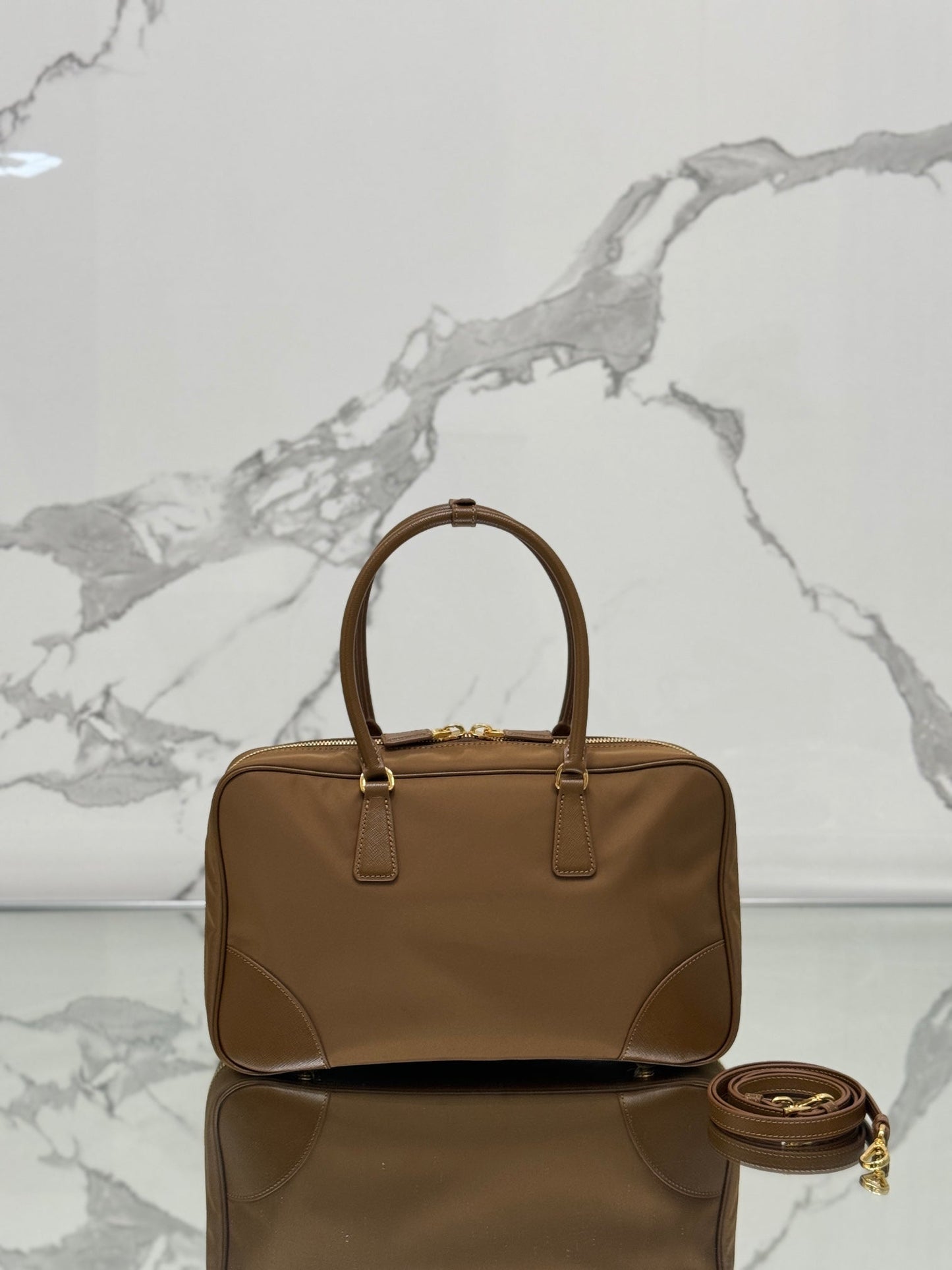 LARGE TOP HANDLE BAG 35 IN CHERRY WOOD NYLON AND CALFSKIN TRIM mysite