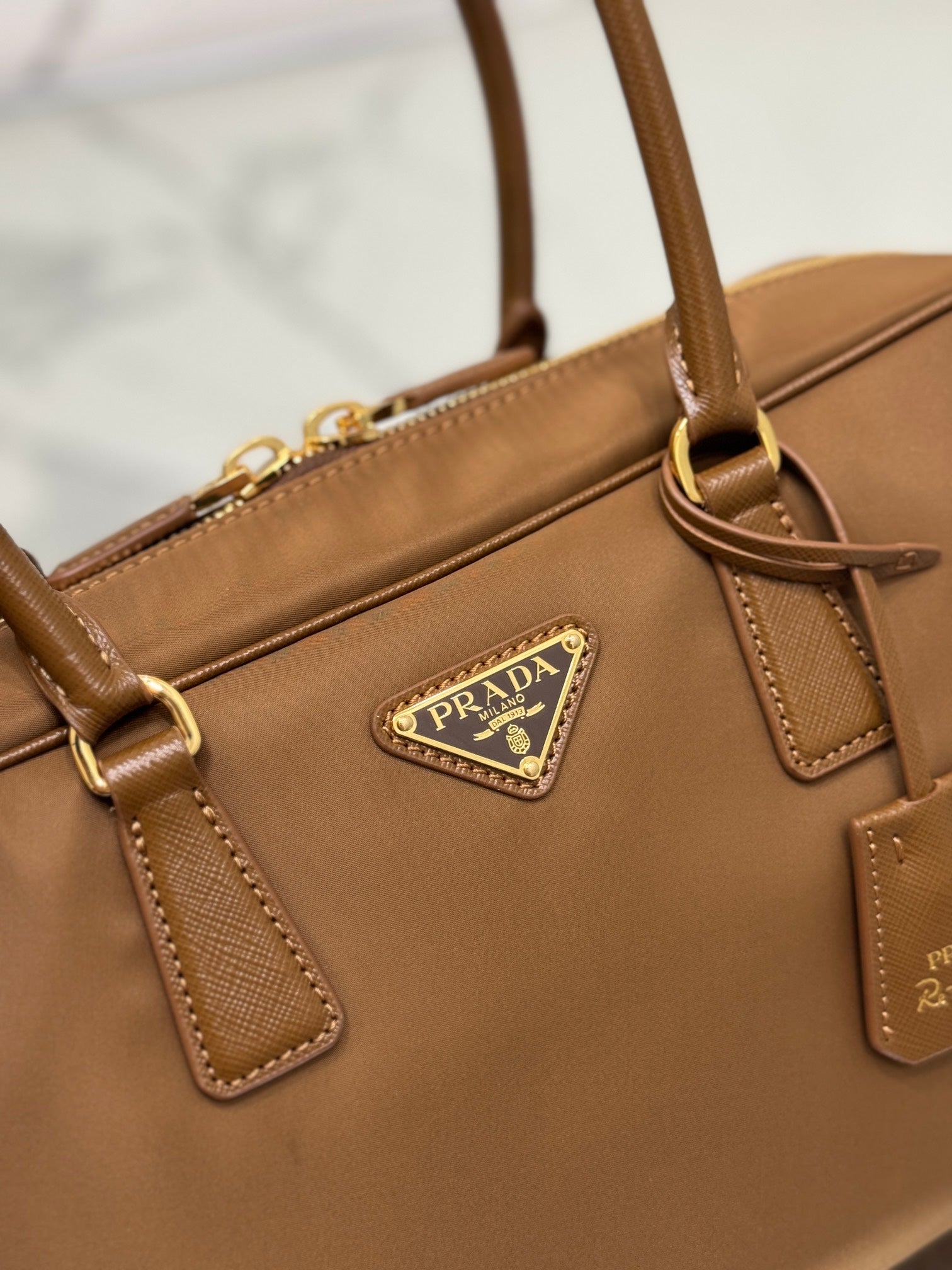 LARGE TOP HANDLE BAG 35 IN CHERRY WOOD NYLON AND CALFSKIN TRIM mysite