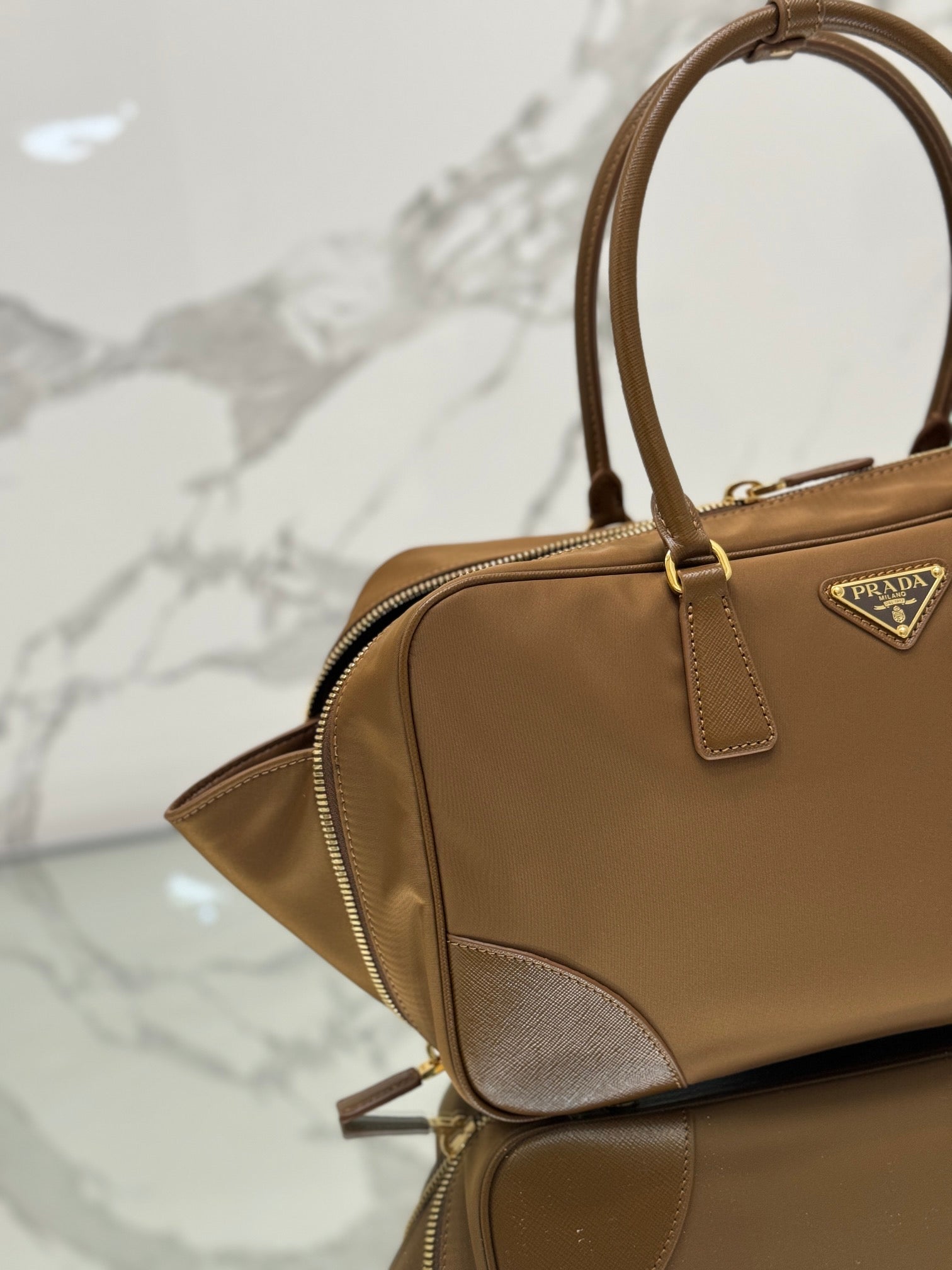 LARGE TOP HANDLE BAG 35 IN CHERRY WOOD NYLON AND CALFSKIN TRIM mysite