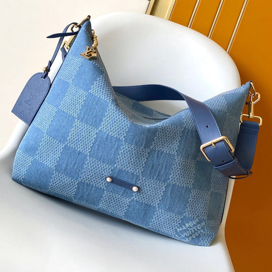 LV Vagabond Hobo 38cm Blue Cotton with 3D Damier Denim GHW mysite