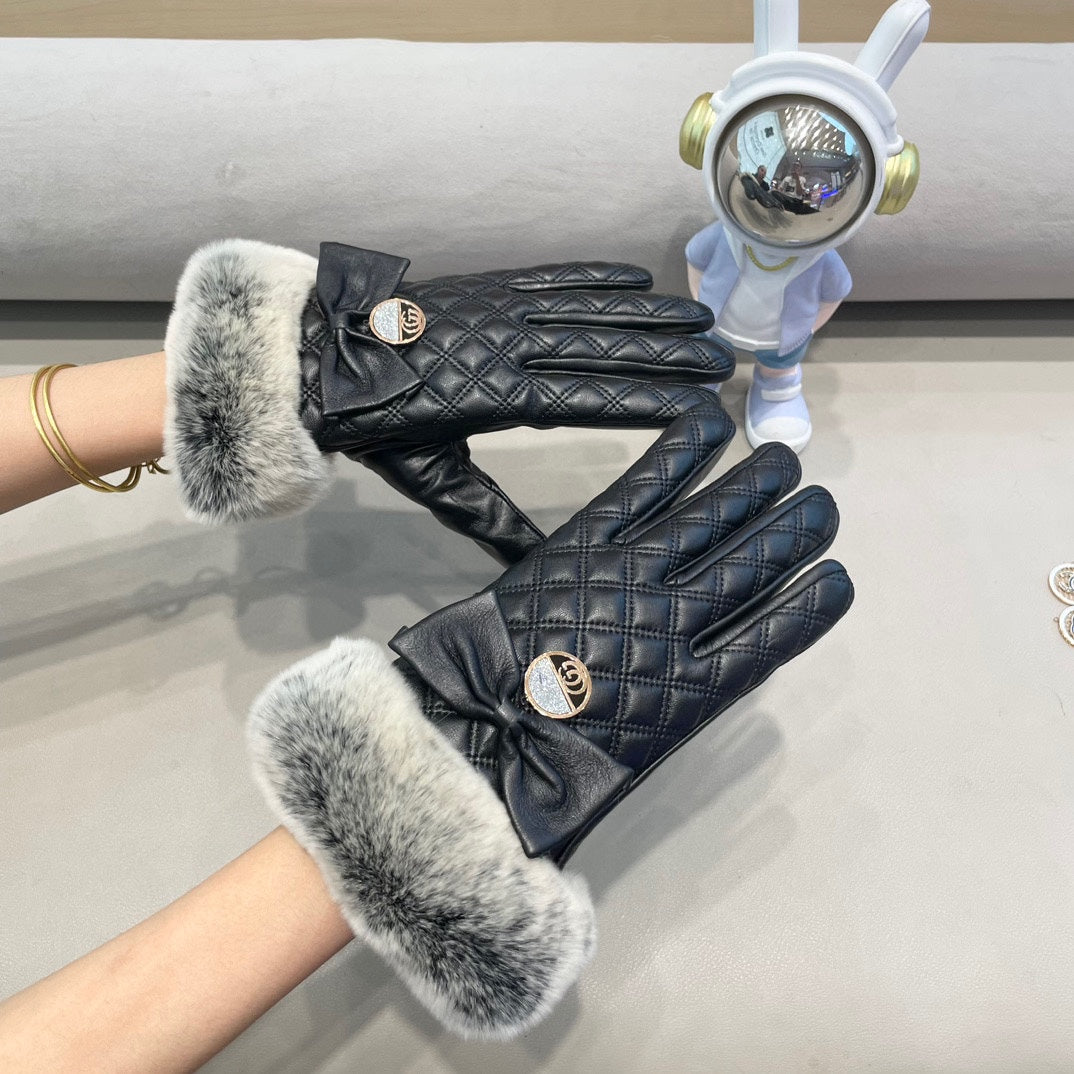 TOUCHSCREEN GLOVES WITH BOW IN BLACK RABBIT FUR MIX LAMBSKIN 463796 mysite