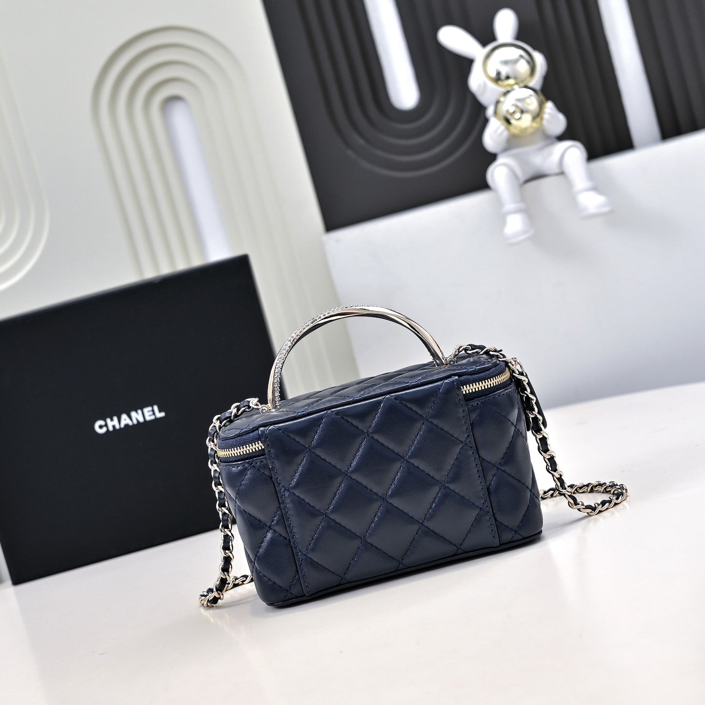 CC 24K Vanity Top Handle 17cm Blue Lambskin Silver Hardware mysite