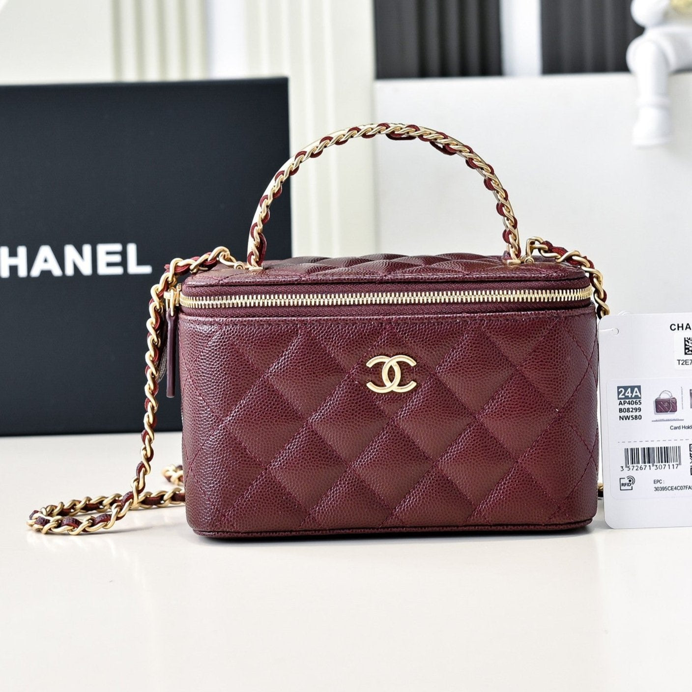 CC 24A Vanity Top Handle 16cm Burgundy Grained Calfskin Gold Hardware mysite