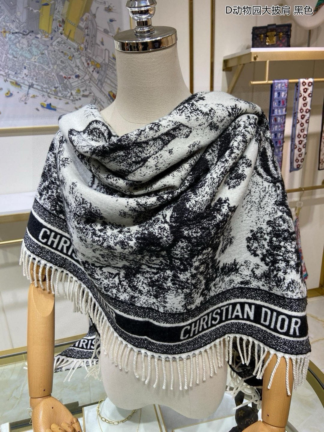 SQUARE SCARF 140 CM IN BLACK MIX WHITE MONOGRAM CASHMERE AND WOOL 416918 mysite