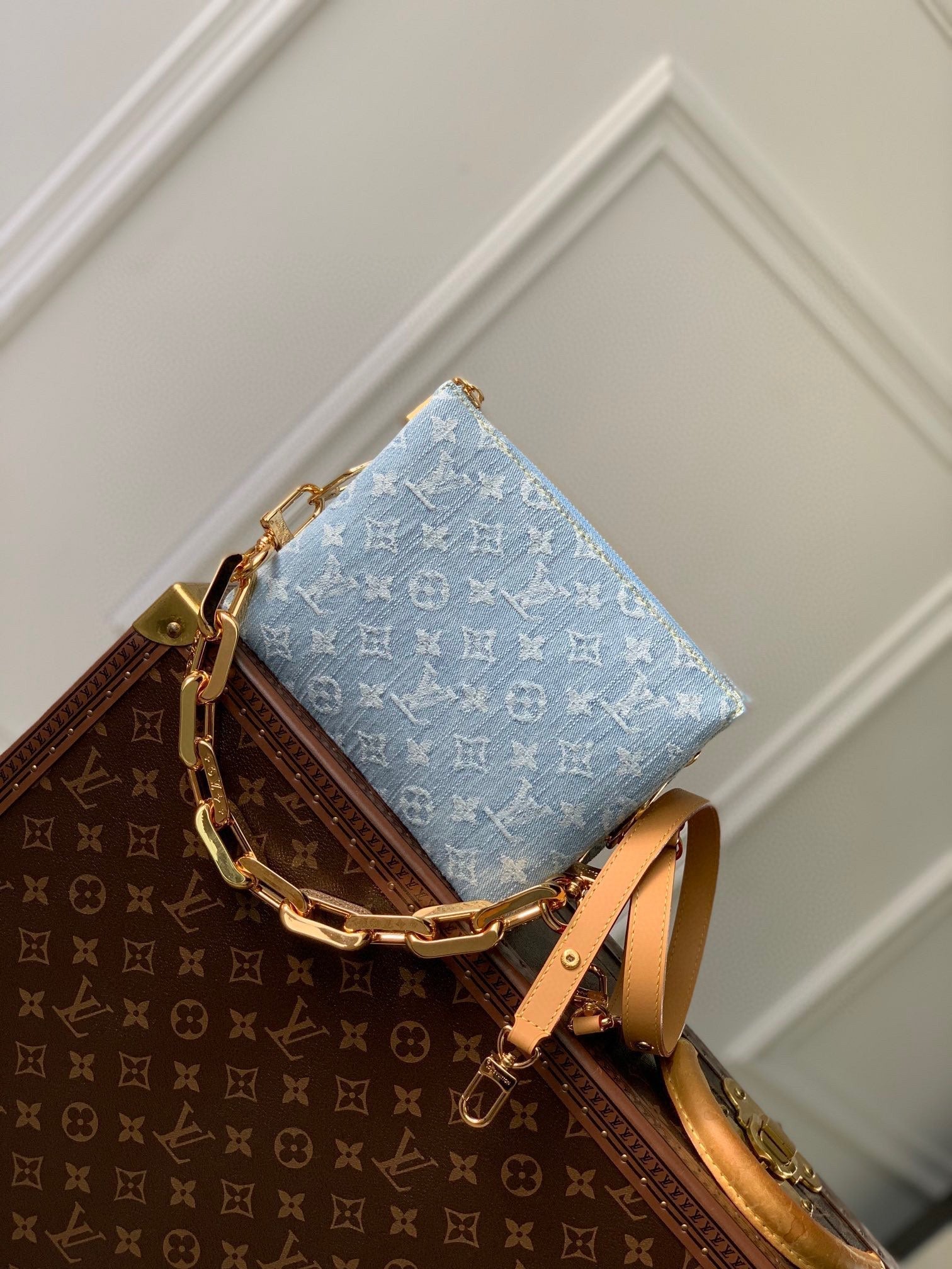 COUSSIN BB 21 IN LIGHT BLUE MONOGRAM DENIM GOLD CHAIN mysite