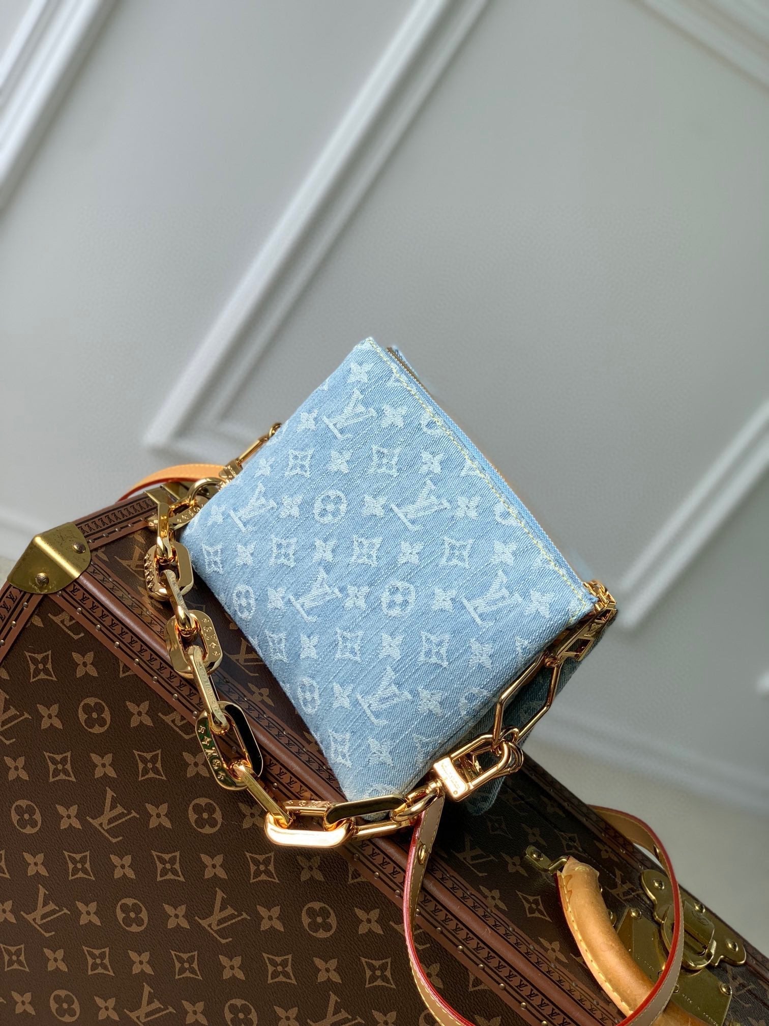 COUSSIN BB 21 IN LIGHT BLUE MONOGRAM DENIM GOLD CHAIN mysite