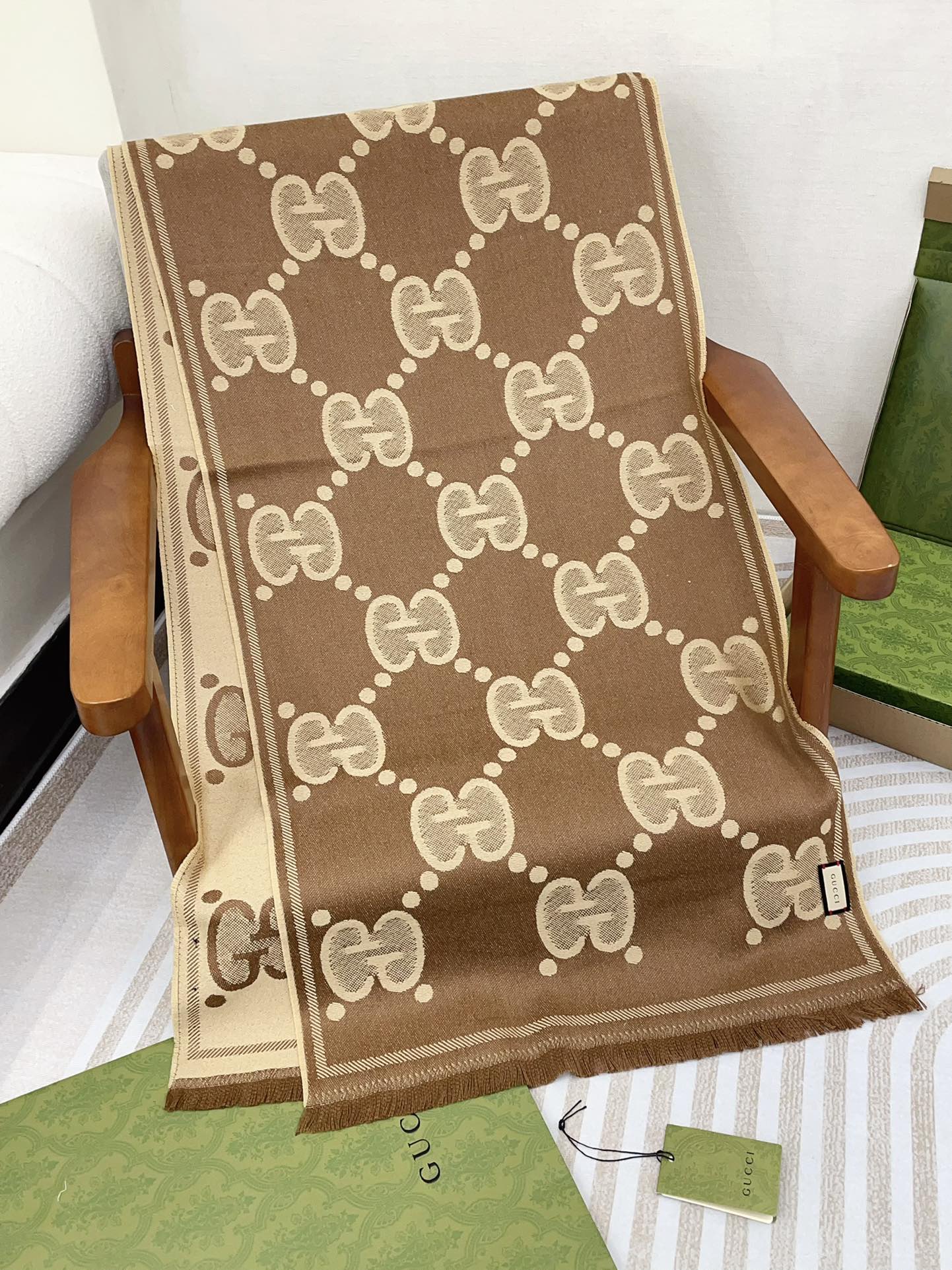 DOUBLE-SIDED SCARF 200 CM IN COFFEE AND TAN BROWN WOOL AND SILK  398287 mysite