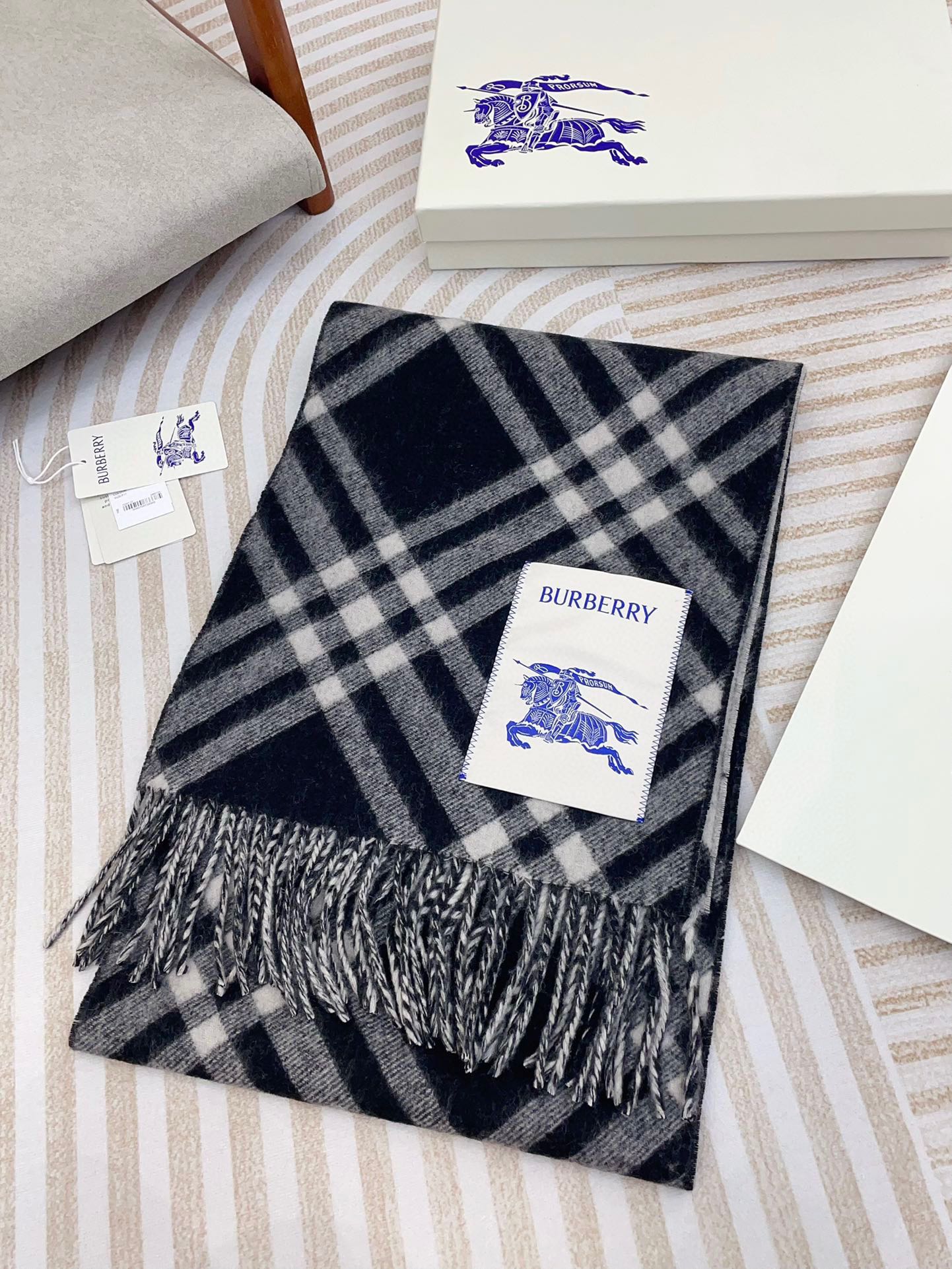 CHECK CASHMERE SCARF 168 CM BLACK MIX WHITE 410210 mysite