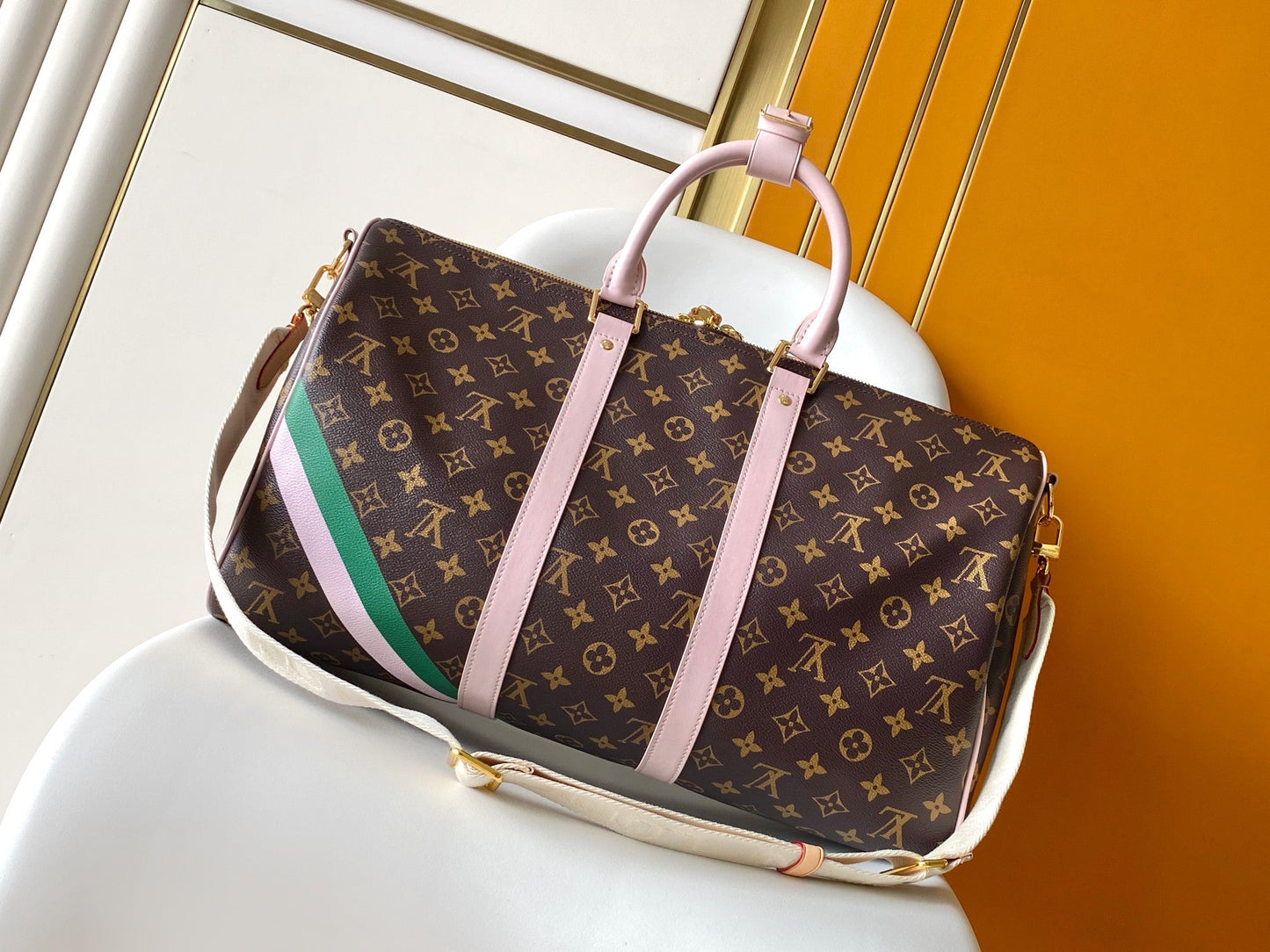 LV M25822 Keepall Bandoulière 45 Travel Bag Brown Pink Monogram Canvas GHW mysite
