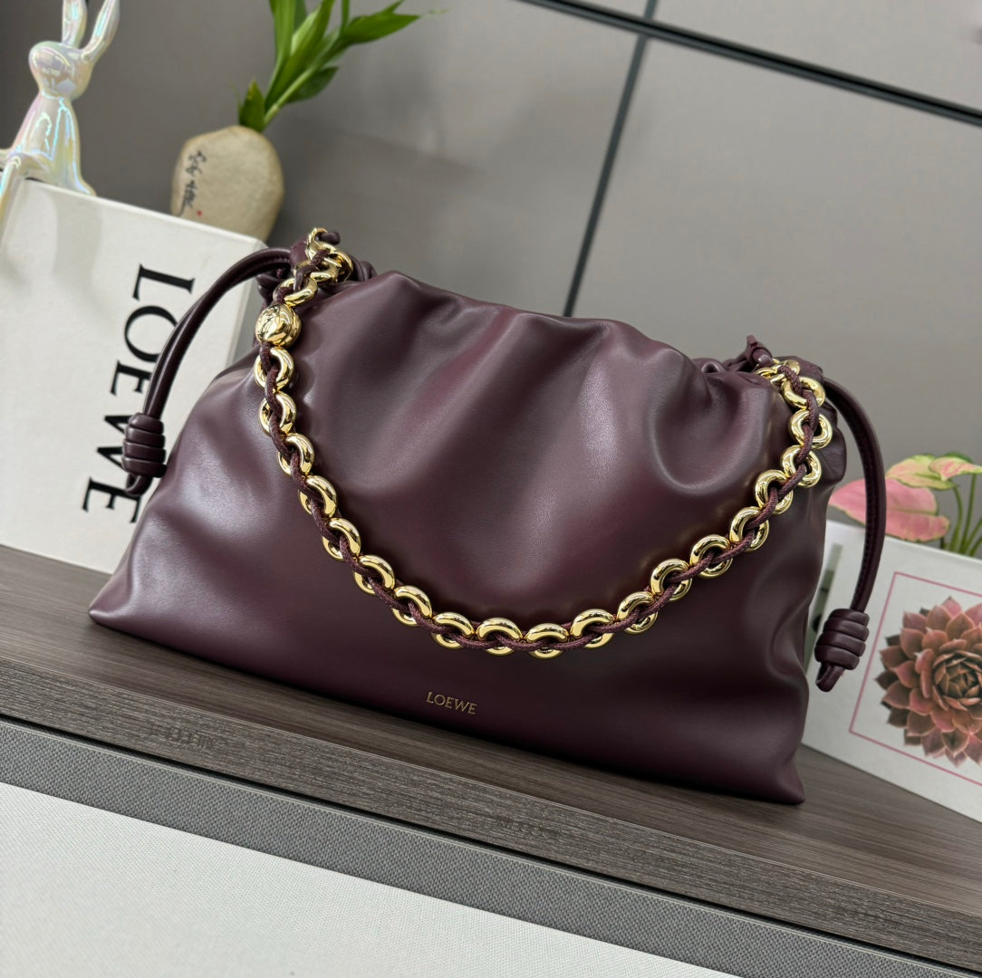 LOE LARGE 41 FLAMENCO PURSE BUCKET IN WINE PURPLE LAMBSKIN GOLD HARDWARE mysite