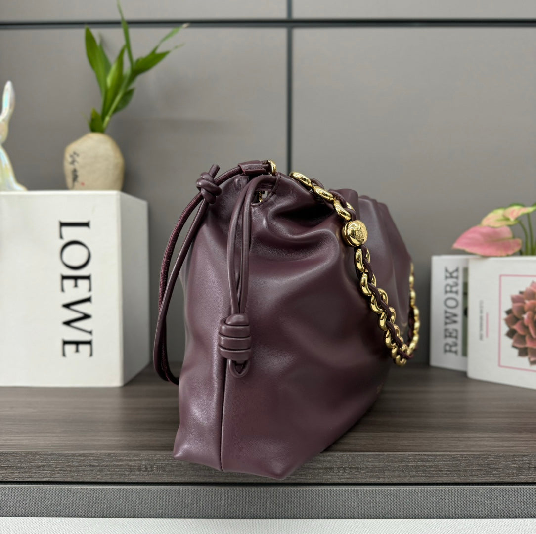 LOE LARGE 41 FLAMENCO PURSE BUCKET IN WINE PURPLE LAMBSKIN GOLD HARDWARE mysite