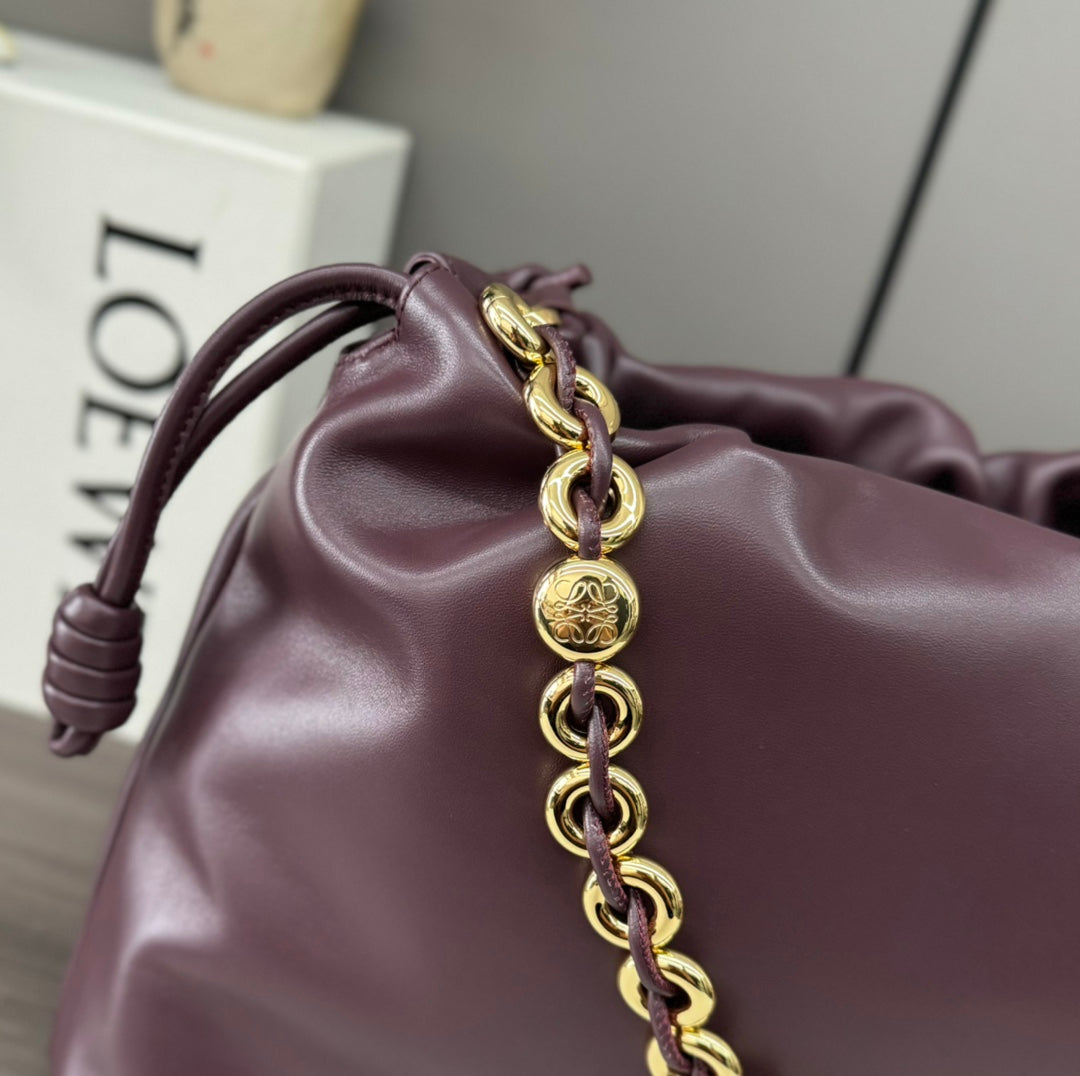LOE LARGE 41 FLAMENCO PURSE BUCKET IN WINE PURPLE LAMBSKIN GOLD HARDWARE mysite