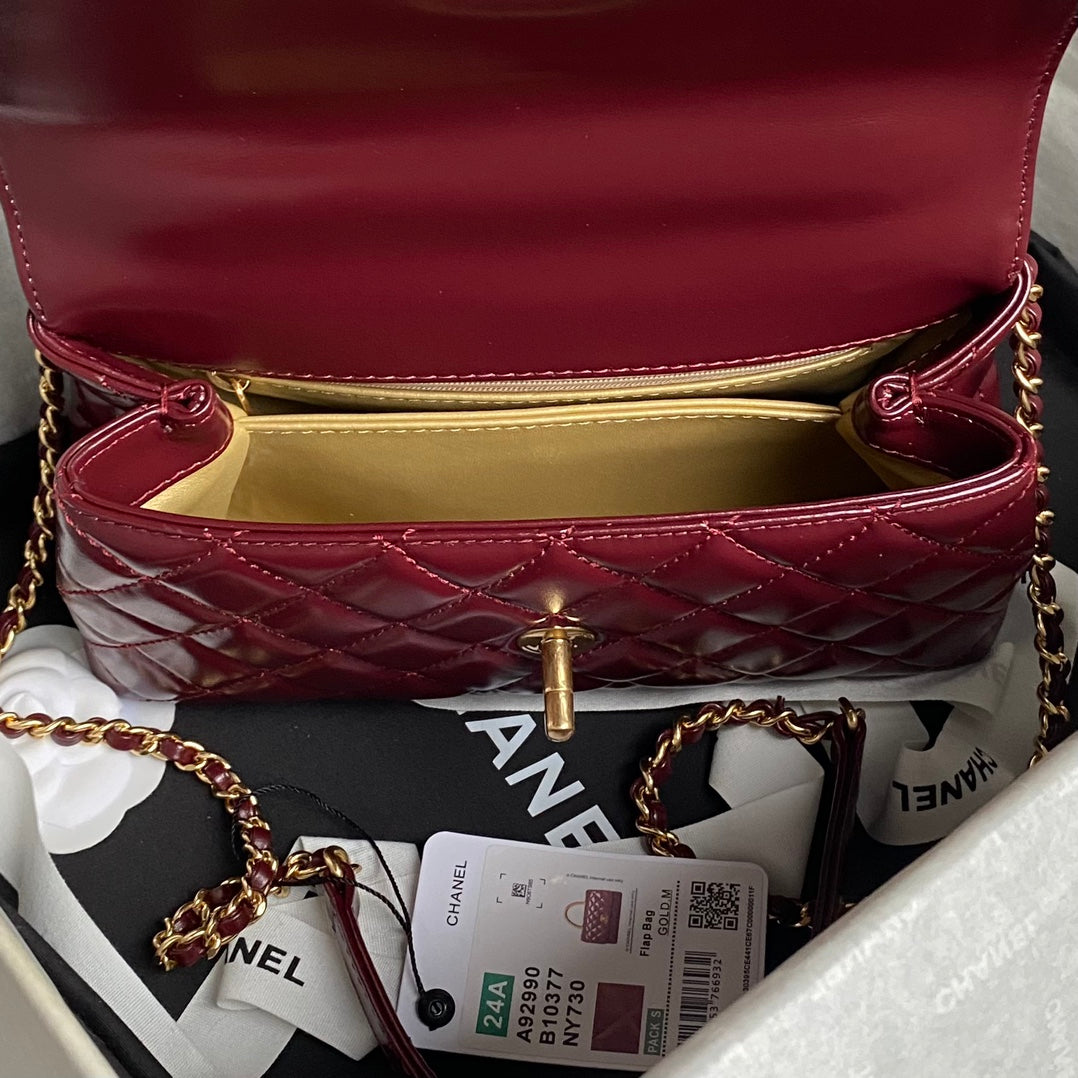 CC 24A Coco Handle Small 23cm Burgundy Patent Calfskin Gold Hardware mysite