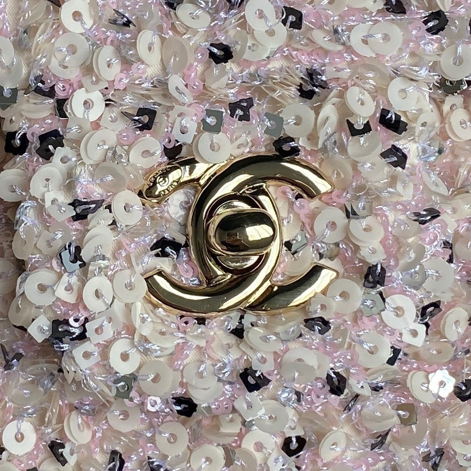 CC 24K Flap Bag 20cm Pink White Sequin Beige Lambskin mysite