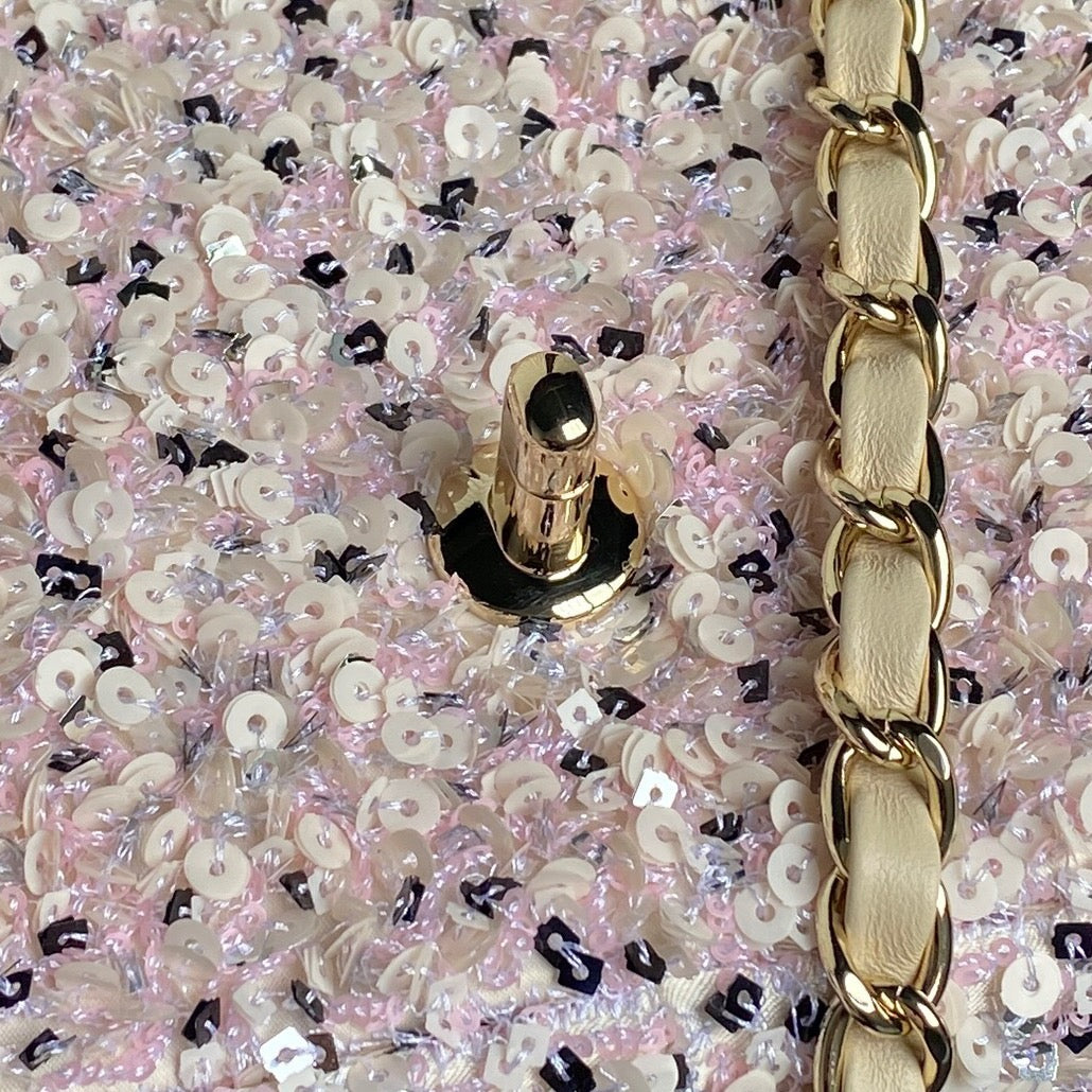 CC 24K Flap Bag 20cm Pink White Sequin Beige Lambskin mysite