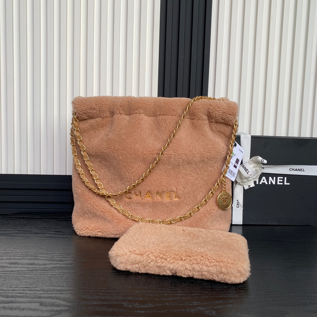 CC 24K Hobo 22 Bag 35cm Brown Wool Fur mysite