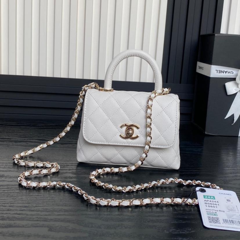 CC 24K Coco Handle Nano 14.5cm White Grained Calfskin Gold Hardware mysite